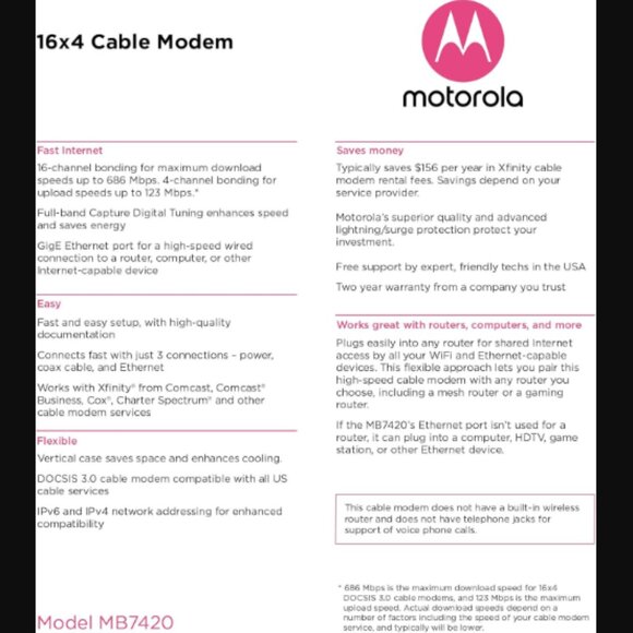 🙌 2/$55 MOTOROLA 16x4 Cable Modem Model MB7420 686 Mbps DOCSIS 3.0 $75.00 - Picture 8 of 8